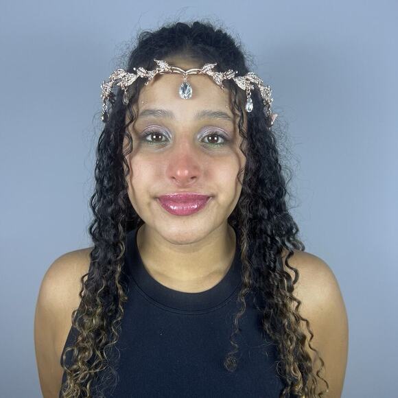 Rose Gold Elf Fairy Tiara Crown with Clear Gem & 4 Elf Ears Cosplay Hallowen - Picture 4 of 10